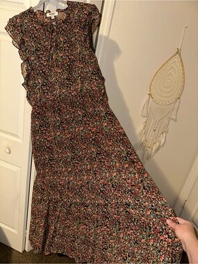 BB Dakota Black Maxi Dress with Pink and Green Floral Pattern